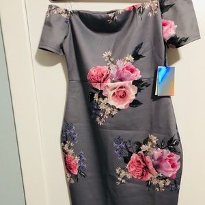 Flower print, off  the shoulder body on dress.